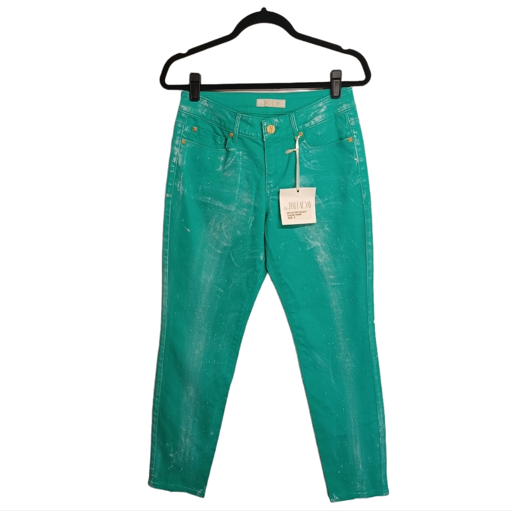 MISS HALLADAY Rise Teal White Splatter Paint Print Skinny Blue Green Jeans 8 NWT